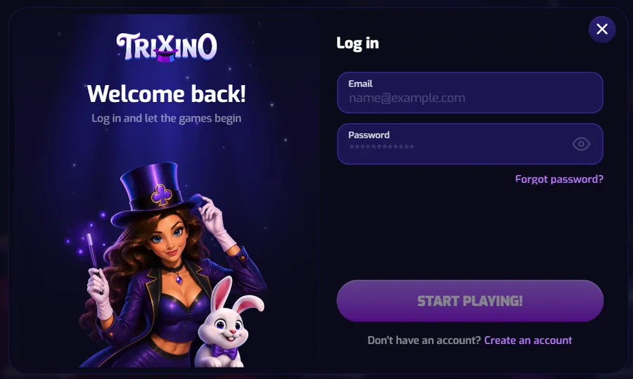 Trixino Casino login form with email, password, forgot password link and Start playing button