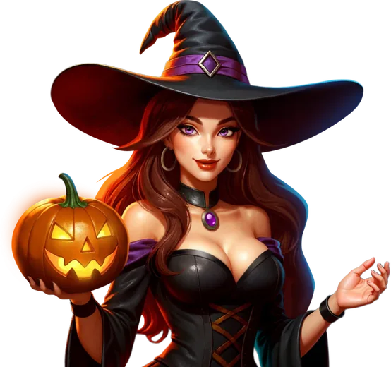 Trixino witch character holding a glowing pumpkin